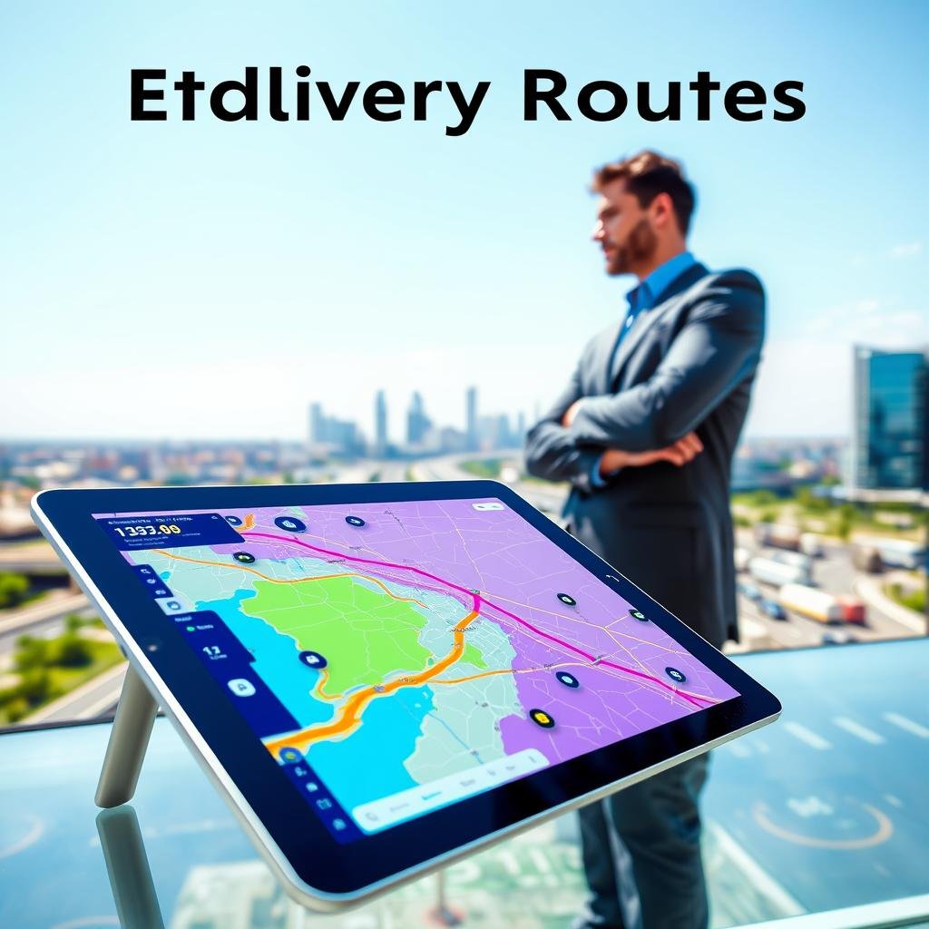 A visually engaging scene depicting the optimization of delivery routes. In the foreground, a sleek, modern tablet displays a vibrant map with highlighted optimal routes in bright colors. Nearby, a professional, dressed in business attire, ponders over performance metrics displayed on a screen. In the middle ground, a cityscape with intersecting roads and delivery trucks navigating the routes effectively conveys logistical efficiency. The background features a soft blue sky, symbolizing clarity and organization. The lighting is bright and natural, suggesting a sunny day, enhancing the positive atmosphere of productivity and innovation. The angle is slightly elevated, providing a comprehensive view of the bustling urban environment while keeping the focus on the tablet and professional in the foreground. A visually engaging scene depicting the optimization of delivery routes. In the foreground, a sleek, modern tablet displays a vibrant map with highlighted optimal routes in bright colors. Nearby, a professional, dressed in business attire, ponders over performance metrics displayed on a screen. In the middle ground, a cityscape with intersecting roads and delivery trucks navigating the routes effectively conveys logistical efficiency. The background features a soft blue sky, symbolizing clarity and organization. The lighting is bright and natural, suggesting a sunny day, enhancing the positive atmosphere of productivity and innovation. The angle is slightly elevated, providing a comprehensive view of the bustling urban environment while keeping the focus on the tablet and professional in the foreground.