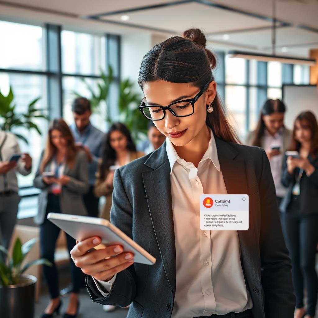 A visually striking scene illustrating customized notifications in a modern office setting. In the foreground, a professional individual in smart business attire interacts with a sleek digital device displaying colorful custom notifications that subtly emanate light. In the middle ground, a diverse group of colleagues observe the notifications on their own devices, showcasing a collaborative atmosphere. The background features a stylish office environment with large windows allowing natural light to pour in, casting a warm glow across the room. Subtle elements like green plants and modern furniture enhance a sense of innovation and engagement. The overall mood is focused yet lively, emphasizing the balance between compliance with LGPD and privacy while fostering effective client engagement. The image should have a bright and inviting color palette, suitable for a professional article.