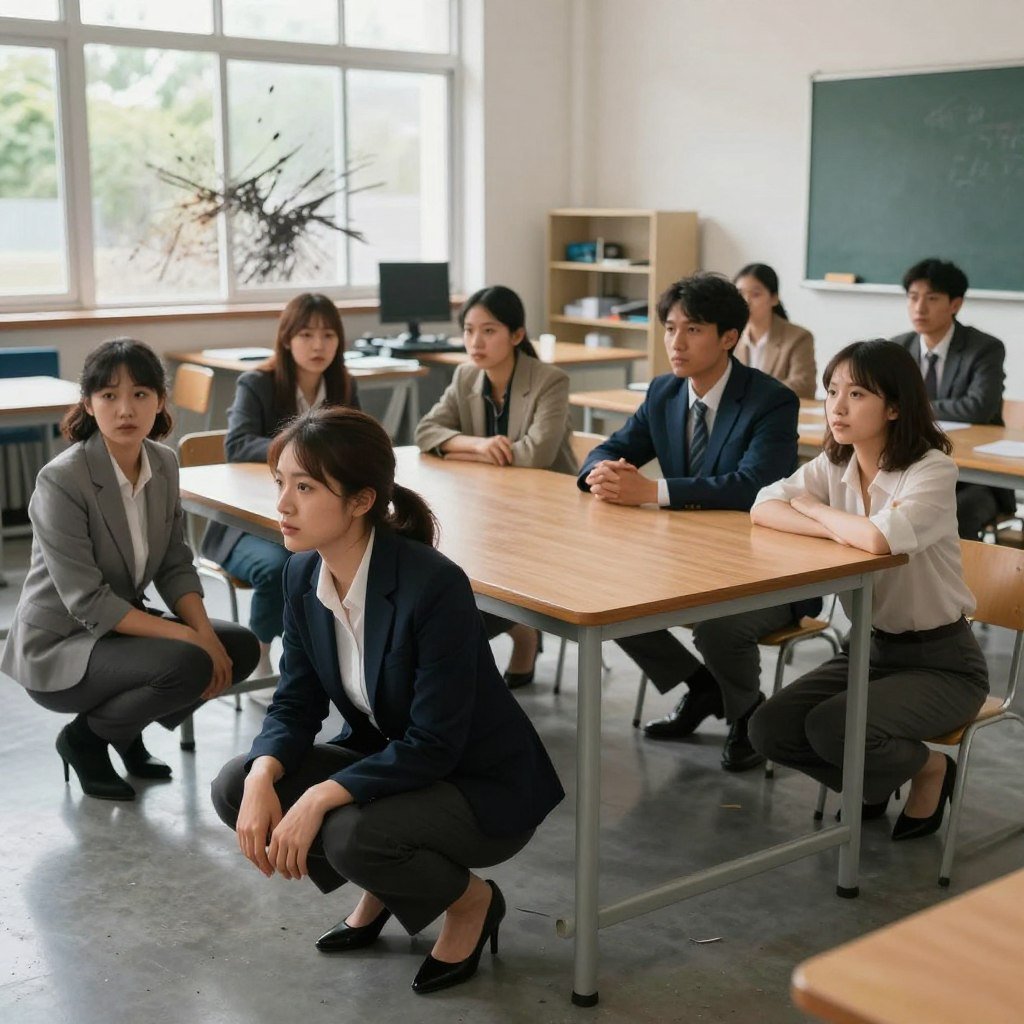 A vivid, instructional scene illustrating earthquake safety procedures during a real earthquake scenario. In the foreground, a diverse group of people in modest, professional attire is crouching under sturdy wooden tables for protection, showing expressions of focus and readiness. In the middle ground, a classroom or office setting is depicted, with chairs and items slightly disarrayed to convey the tremor's impact. The background features a window with outside trees swaying, suggesting strong shake and motion. Bright, natural lighting floods the room, enhancing the sense of urgency and realism. The atmosphere is tense yet focused, capturing the essence of preparedness and safety in critical situations. A vivid, instructional scene illustrating earthquake safety procedures during a real earthquake scenario. In the foreground, a diverse group of people in modest, professional attire is crouching under sturdy wooden tables for protection, showing expressions of focus and readiness. In the middle ground, a classroom or office setting is depicted, with chairs and items slightly disarrayed to convey the tremor's impact. The background features a window with outside trees swaying, suggesting strong shake and motion. Bright, natural lighting floods the room, enhancing the sense of urgency and realism. The atmosphere is tense yet focused, capturing the essence of preparedness and safety in critical situations.