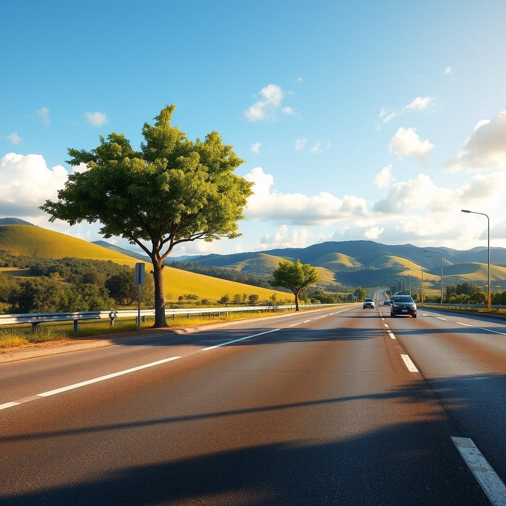 A well-maintained highway in Brazil, showcasing freshly paved asphalt and clear, visible road markings. In the foreground, a pair of neatly trimmed roadside trees with vibrant green leaves cast gentle shadows on the road. The middle ground features several vehicles in motion, highlighting the smooth flow of traffic, each car reflecting the sunny weather. In the background, lush rolling hills under a bright blue sky dotted with fluffy white clouds create a serene atmosphere. The image is captured at a slightly elevated angle to provide an expansive view of the highway, emphasizing the harmony between nature and infrastructure. Warm and inviting lighting enhances the overall mood, suggesting a bright future for Brazil's transportation network.