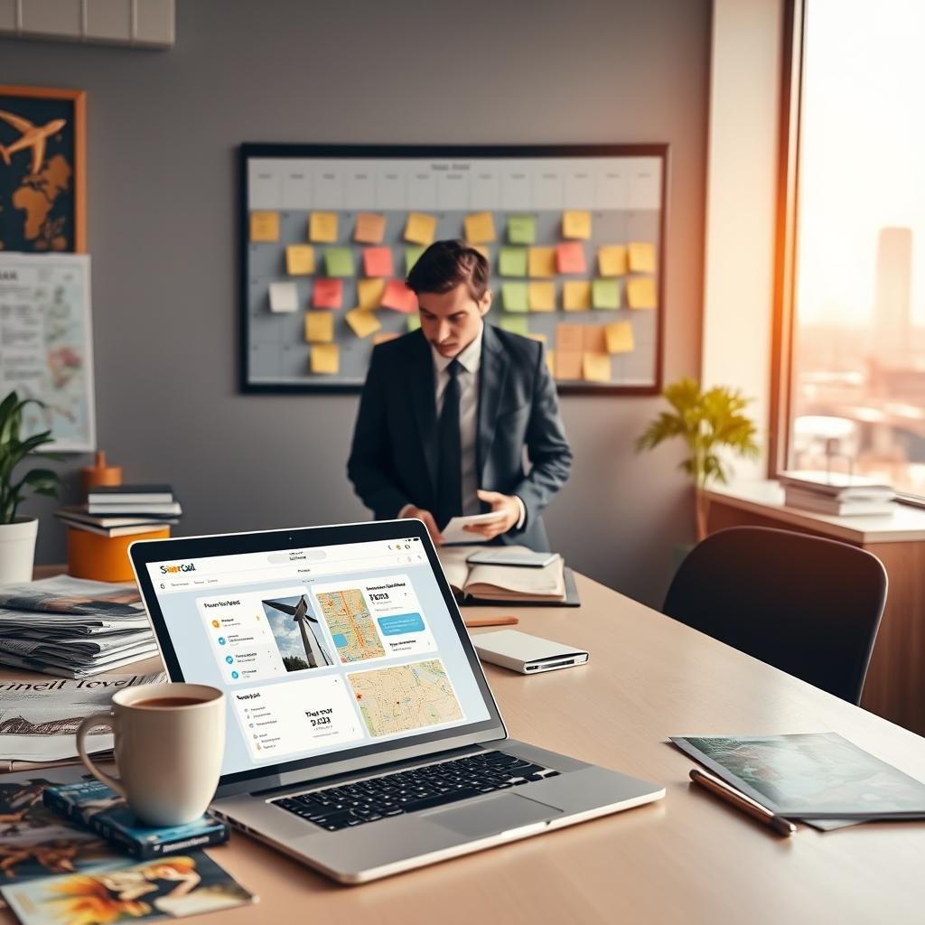 A well-organized travel planner scene in a modern workspace. In the foreground, a stylish laptop open to a travel planning website featuring tools and checklists. Scattered around are travel brochures, a smartphone displaying a map, and a cozy coffee cup. In the middle ground, a professional wearing business attire is focused on arranging itineraries, with a large wall calendar and sticky notes filled with travel dates and destinations. In the background, a bright window lets in natural light, displaying a city skyline. The atmosphere is one of productivity and inspiration, with warm lighting creating a welcoming ambiance, showcasing the essence of digital tools essential for organizing trips effectively. A well-organized travel planner scene in a modern workspace. In the foreground, a stylish laptop open to a travel planning website featuring tools and checklists. Scattered around are travel brochures, a smartphone displaying a map, and a cozy coffee cup. In the middle ground, a professional wearing business attire is focused on arranging itineraries, with a large wall calendar and sticky notes filled with travel dates and destinations. In the background, a bright window lets in natural light, displaying a city skyline. The atmosphere is one of productivity and inspiration, with warm lighting creating a welcoming ambiance, showcasing the essence of digital tools essential for organizing trips effectively.