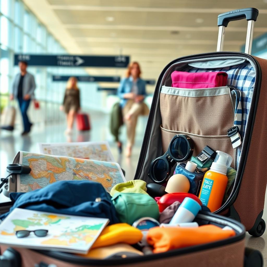 A well-organized travel scene focused on packing tips for tourists. In the foreground, a neatly arranged suitcase half-open, displaying an organized assortment of clothing, travel accessories, and toiletries. Include colorful packing cubes and travel-sized bottles, emphasizing a smart, efficient packing method. In the middle ground, a stylish travel guidebook and a folded map lay beside the suitcase, hinting at the adventure ahead. The background features a sunny airport terminal with travelers in modest casual clothing, ready to embark on their journeys. Use bright, natural lighting to create a cheerful and inviting atmosphere, capturing the excitement of travel planning. The composition should reflect a sense of organization and practicality without text or distractions. A well-organized travel scene focused on packing tips for tourists. In the foreground, a neatly arranged suitcase half-open, displaying an organized assortment of clothing, travel accessories, and toiletries. Include colorful packing cubes and travel-sized bottles, emphasizing a smart, efficient packing method. In the middle ground, a stylish travel guidebook and a folded map lay beside the suitcase, hinting at the adventure ahead. The background features a sunny airport terminal with travelers in modest casual clothing, ready to embark on their journeys. Use bright, natural lighting to create a cheerful and inviting atmosphere, capturing the excitement of travel planning. The composition should reflect a sense of organization and practicality without text or distractions.