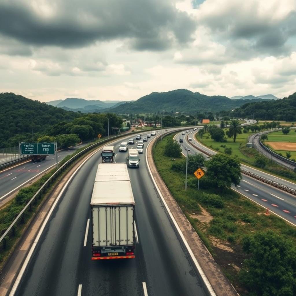 Aerial view of a busy Brazilian highway showcasing diverse road conditions, including well-paved sections and areas with potholes, surrounded by lush green landscapes. In the foreground, a large cargo truck navigates through a small traffic jam, highlighting the challenges of logistics and cargo transport. The middle ground features smaller vehicles and road signs indicating low speed limits due to roadwork. In the background, rolling hills under a cloudy sky evoke a sense of urgency and dynamism, with soft, diffused lighting enhancing the scene. The mood conveys both the chaos and beauty of Brazilian transportation, emphasizing the importance of infrastructure in logistics. No people in the image, ensuring focus is solely on the road conditions. Aerial view of a busy Brazilian highway showcasing diverse road conditions, including well-paved sections and areas with potholes, surrounded by lush green landscapes. In the foreground, a large cargo truck navigates through a small traffic jam, highlighting the challenges of logistics and cargo transport. The middle ground features smaller vehicles and road signs indicating low speed limits due to roadwork. In the background, rolling hills under a cloudy sky evoke a sense of urgency and dynamism, with soft, diffused lighting enhancing the scene. The mood conveys both the chaos and beauty of Brazilian transportation, emphasizing the importance of infrastructure in logistics. No people in the image, ensuring focus is solely on the road conditions.