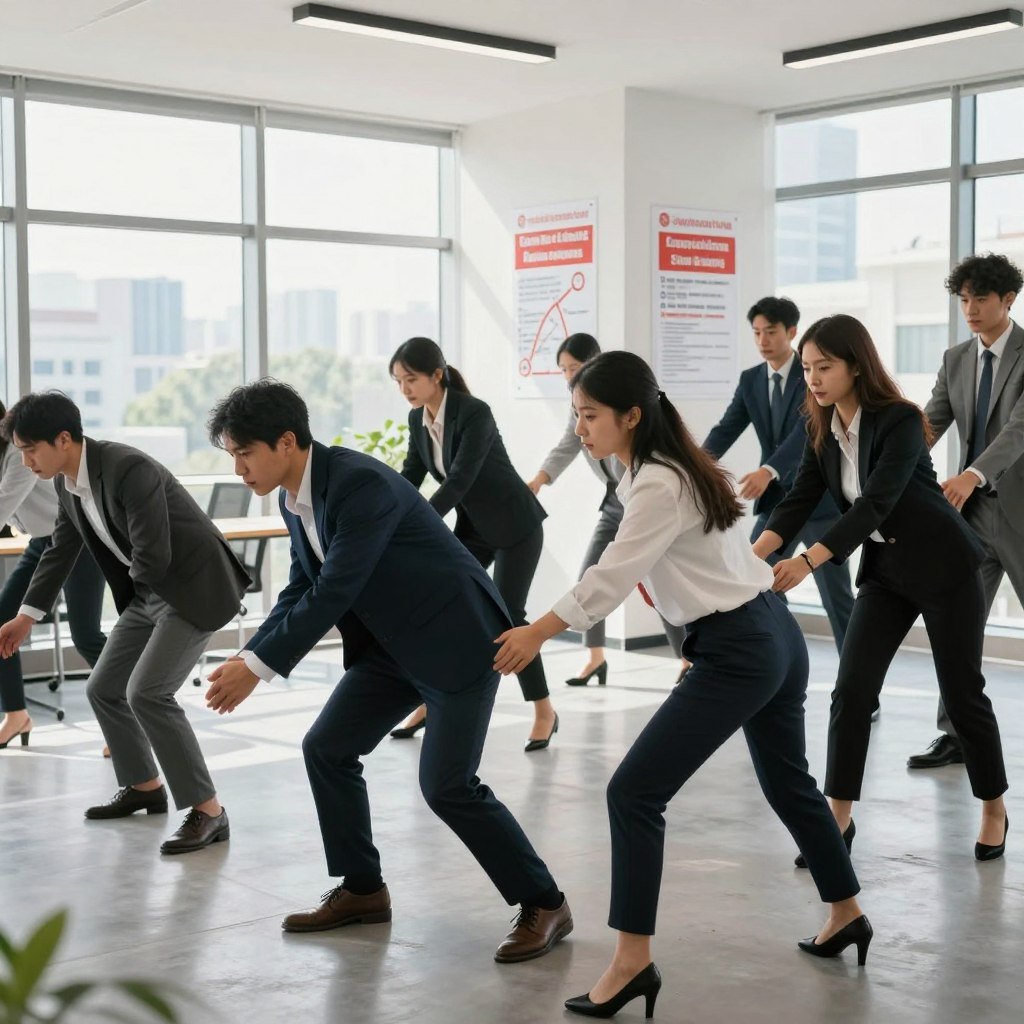 An earthquake evacuation training scene in a modern office environment. Foreground features a diverse group of professionals, wearing smart business attire, engaged in a practical drill, some practicing drop-cover-hold on while others guide their colleagues. Middle ground includes safety posters on the walls detailing evacuation routes and earthquake safety tips. Background depicts large windows showing a sunny day outside, with cityscape faintly visible. Natural lighting illuminates the scene, creating a sense of urgency yet calm preparedness. Angled perspective emphasizes the training in action, capturing the focused expressions of participants. The mood is serious but constructive, highlighting teamwork and readiness in the face of potential disaster.