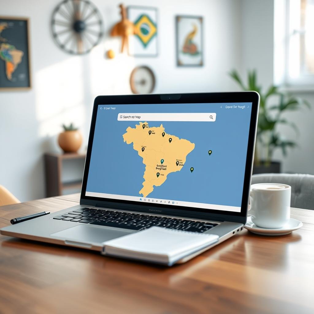 An interactive map interface showing the search function for locations in Brazil. In the foreground, a sleek laptop displays a vibrant map of Brazil, with a user-friendly search bar and location pins. In the middle, the laptop is set on a modern wooden desk, surrounded by a notepad and a cup of coffee, suggesting a thoughtful planning atmosphere. In the background, a softly lit room with a wall containing Brazilian artifacts and a window allowing natural light to pour in, creating a warm and inviting mood. The image should emphasize clarity and accessibility of the map interface while capturing a sense of exploration and creativity in a professional workspace setting. An interactive map interface showing the search function for locations in Brazil. In the foreground, a sleek laptop displays a vibrant map of Brazil, with a user-friendly search bar and location pins. In the middle, the laptop is set on a modern wooden desk, surrounded by a notepad and a cup of coffee, suggesting a thoughtful planning atmosphere. In the background, a softly lit room with a wall containing Brazilian artifacts and a window allowing natural light to pour in, creating a warm and inviting mood. The image should emphasize clarity and accessibility of the map interface while capturing a sense of exploration and creativity in a professional workspace setting.