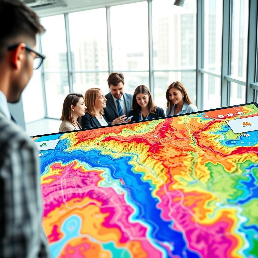 An interactive map tool interface displayed prominently in the foreground, featuring vibrant colors and various map layers like topographical, satellite, and street maps. In the middle ground, a diverse group of people, dressed in professional business attire, collaboratively discussing and interacting with a large touchscreen map, demonstrating an intuitive user interface. The background showcases a modern office environment with large windows, allowing natural light to illuminate the scene, creating a dynamic and innovative atmosphere. The lighting should highlight the details of the maps and the engaged expressions of the individuals. The angle is slightly elevated, providing a comprehensive view of the interaction, emphasizing collaboration and technology in mapping tools.