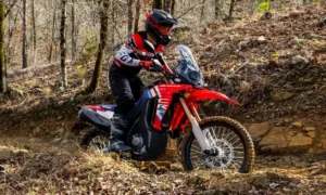 Honda CRF300L Rally acelerando em terreno de terra na floresta